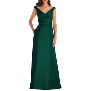 Alfred Sung D811 Off the Shoulder Satin Gown Dress Hunter Green Size 18